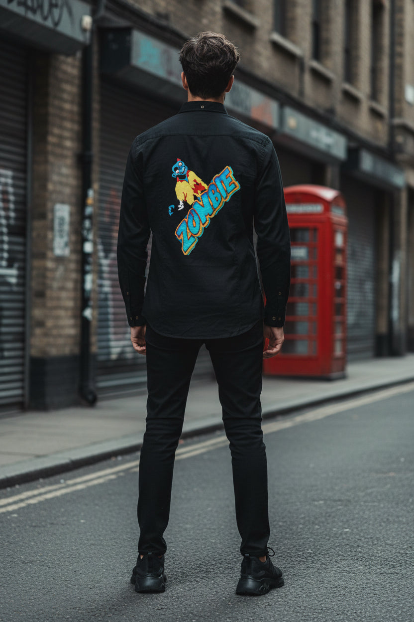White Urban Zombie men's casual long sleeve shirt with lapel, made from 125gsm cotton, by Yoycol.