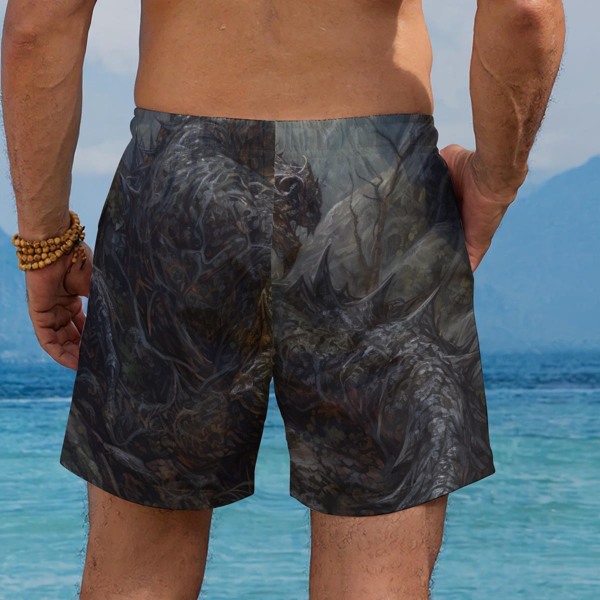 Gray Urban Dawn men's beach shorts by Yoycol, featuring a comfortable fit and casual style, shown laid flat.