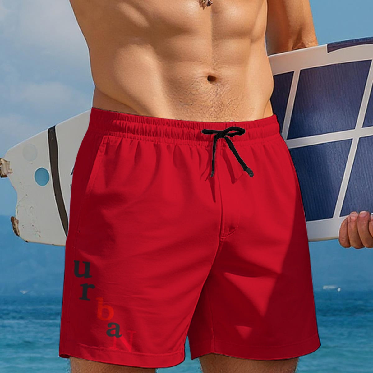 White urban print men's beach shorts by Yoycol with a casual fit, featuring vibrant cityscape design and comfortable fabric.