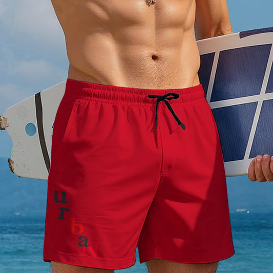White urban print men's beach shorts by Yoycol with a casual fit, featuring vibrant cityscape design and comfortable fabric.