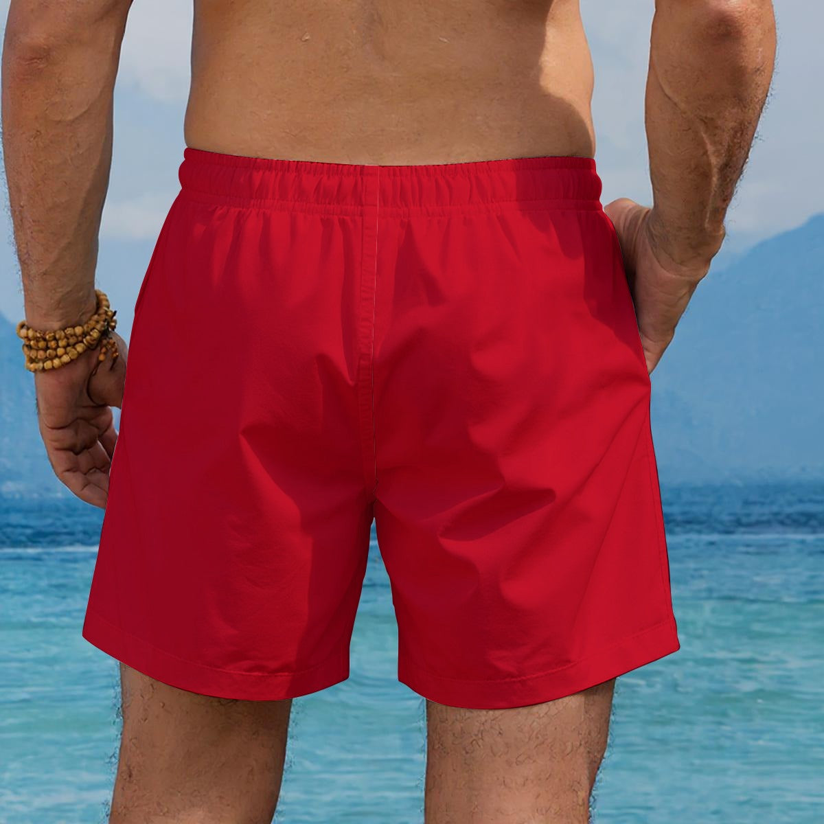 White Urban Print men's beach shorts by Yoycol featuring a stylish urban design and comfortable fit.