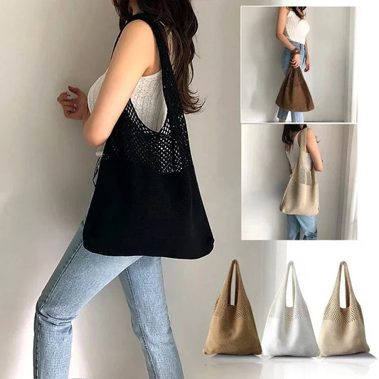 New Trend Women's Retro Knitted Braid Solid Color Hollow Black Tote Shopper Bag - Premium Bags from Craftklart Dropship - Just $9.95! Shop now at Craftklart.store